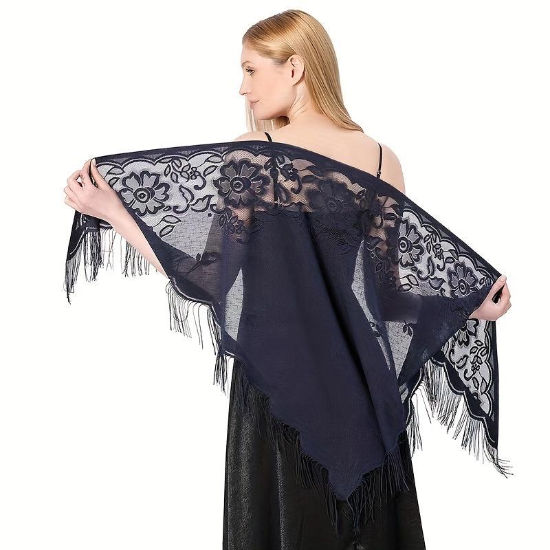 Hollow Out Tassel Shawl Thin Breathable Triangle Scarf Wraps Solid Cape