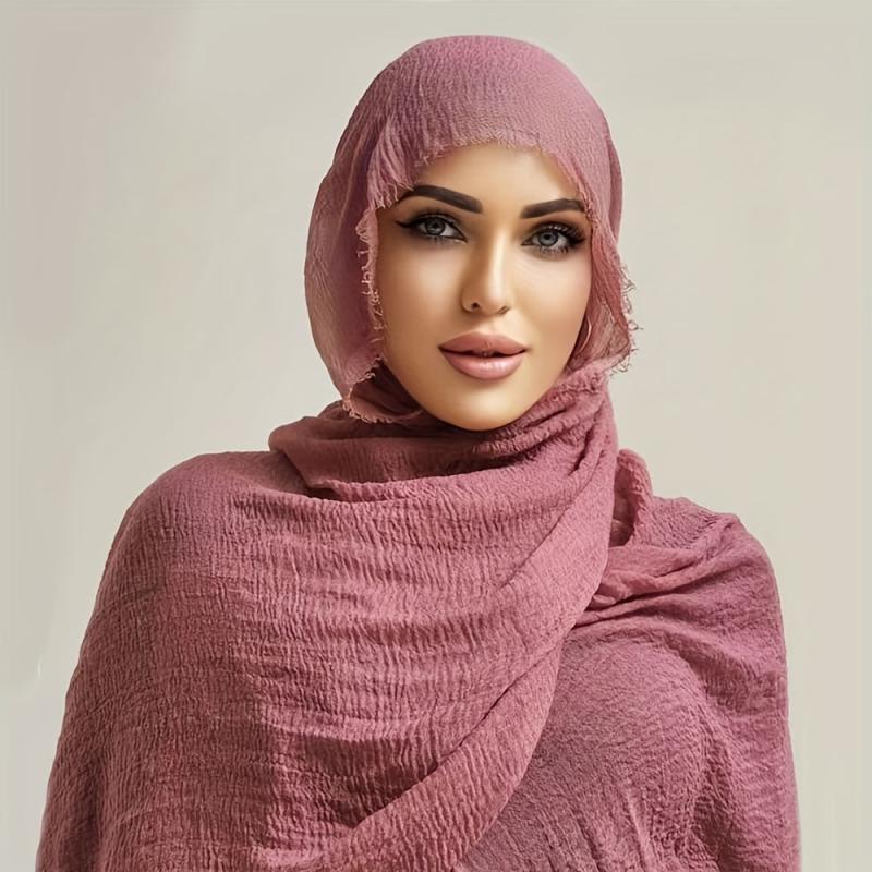 Crinkle Frayed Edge Hijab Scarf Solid Women Turban Head Wrap