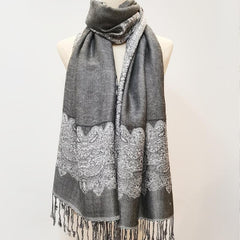 Gray Paisley Jacquard Tassel Scarf Block Wrap Windproof Shawl