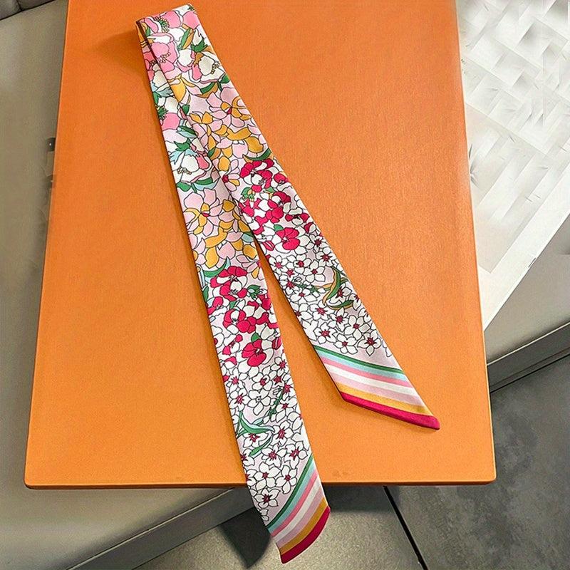 Flower Print Ribbon Skinny Scarf Boho Neck Tie Scarf Women Casual