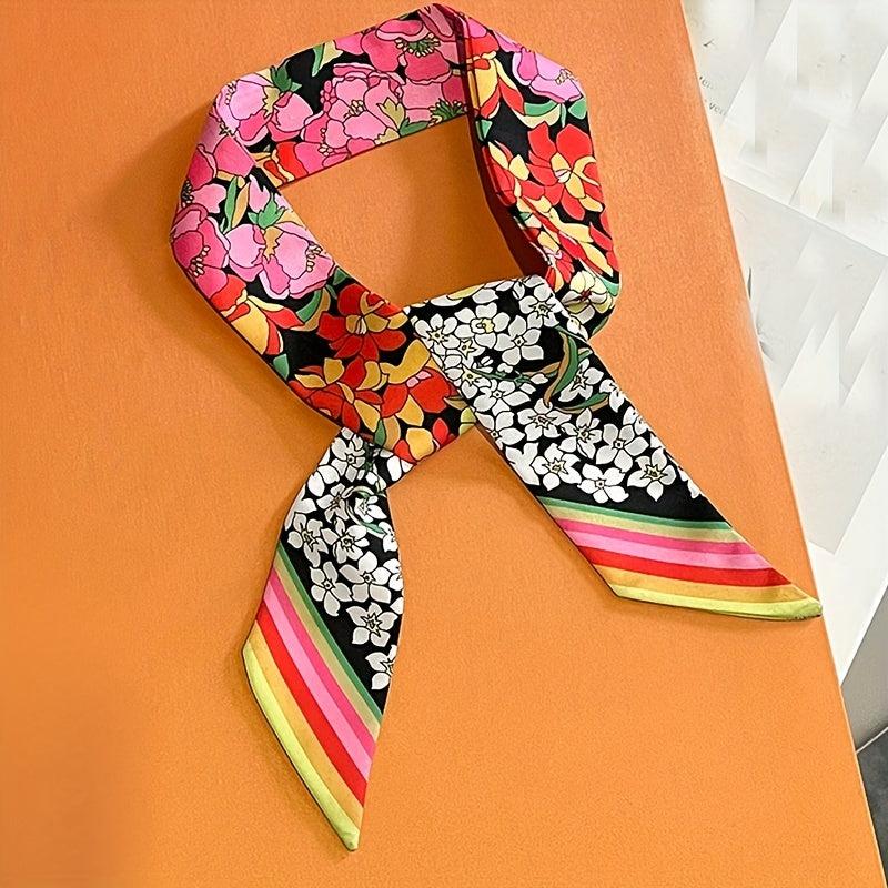 Flower Print Ribbon Skinny Scarf Boho Neck Tie Scarf Women Casual