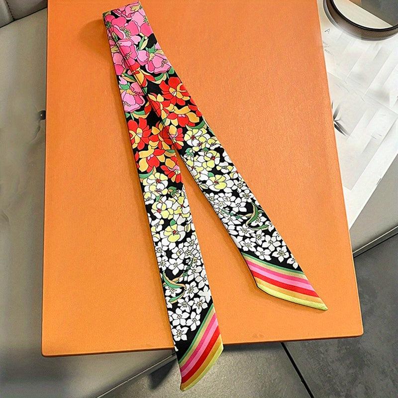 Flower Print Ribbon Skinny Scarf Boho Neck Tie Scarf Women Casual