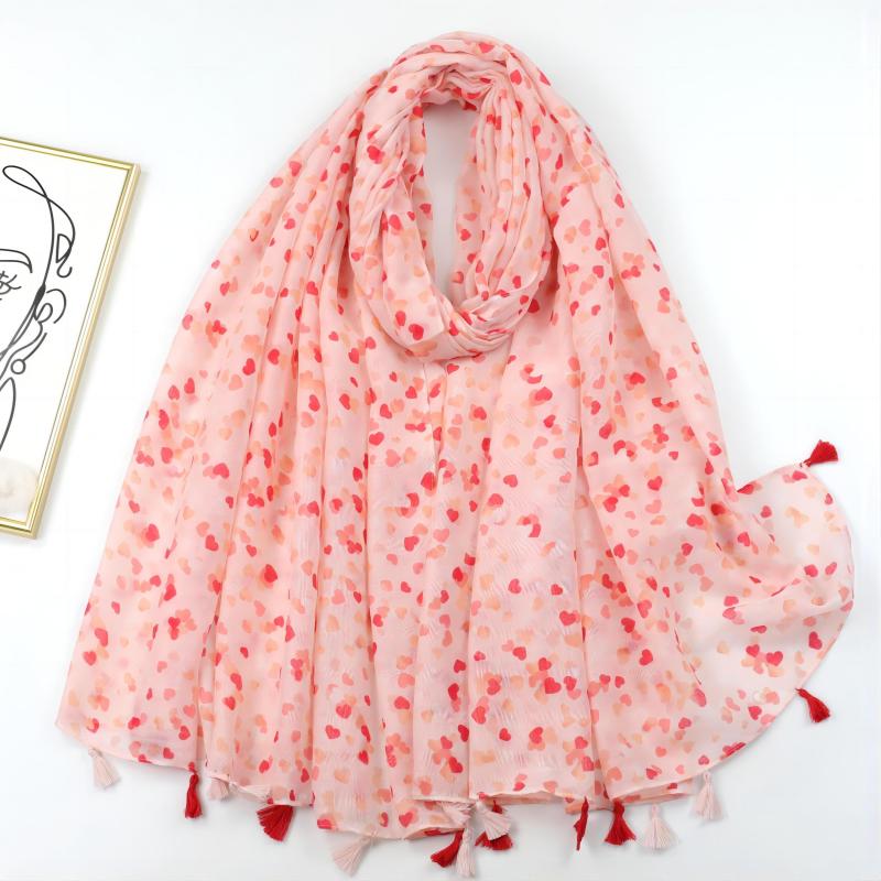 Pink Heart Print Tassel Scarf Shawl Head Wrap Sunscreen Travel Beach Towel