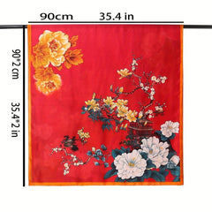 Vintage Peony Print Satin Silk Scarf Shawl Large Sunscreen Head Wrap