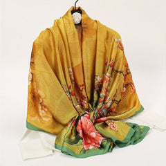Vintage Peony Print Satin Silk Scarf Shawl Large Sunscreen Head Wrap
