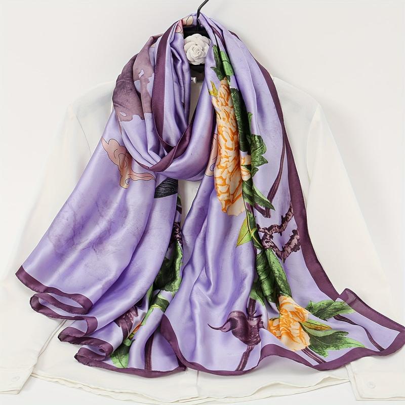 Vintage Peony Print Satin Silk Scarf Shawl Large Sunscreen Head Wrap