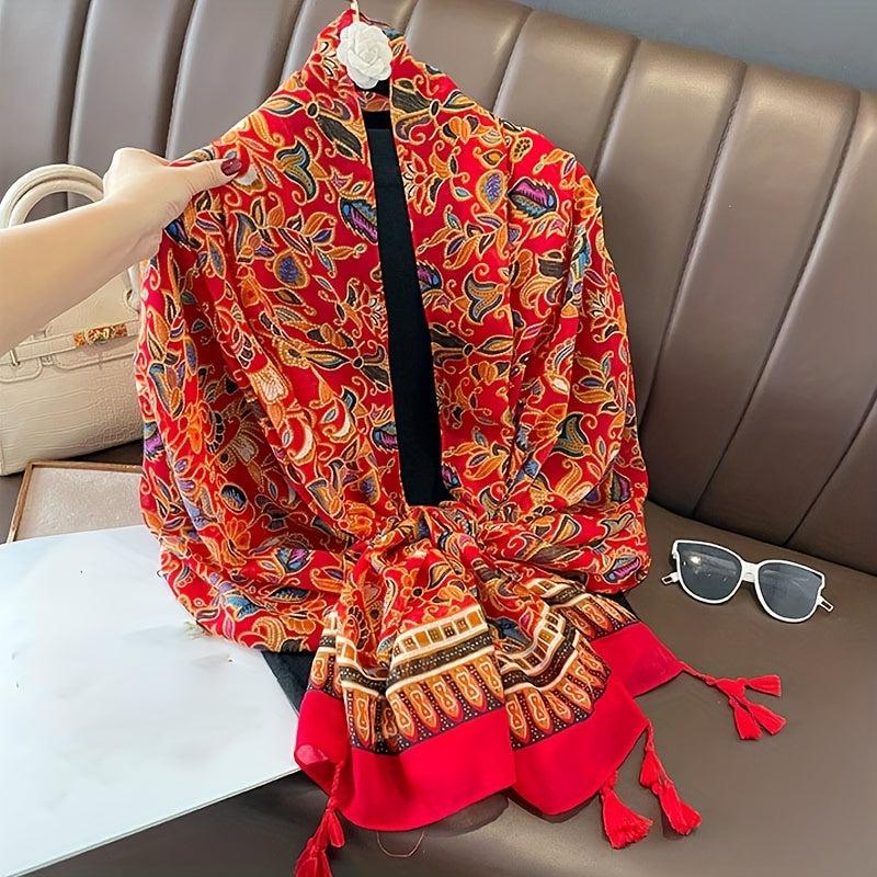 Floral Print Scarf with Tassels for Women