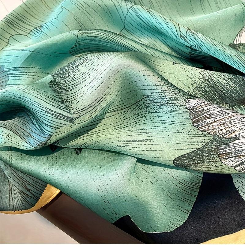 Vintage Green Lotus Print Scarf - Women's Classic Satin Head Wrap