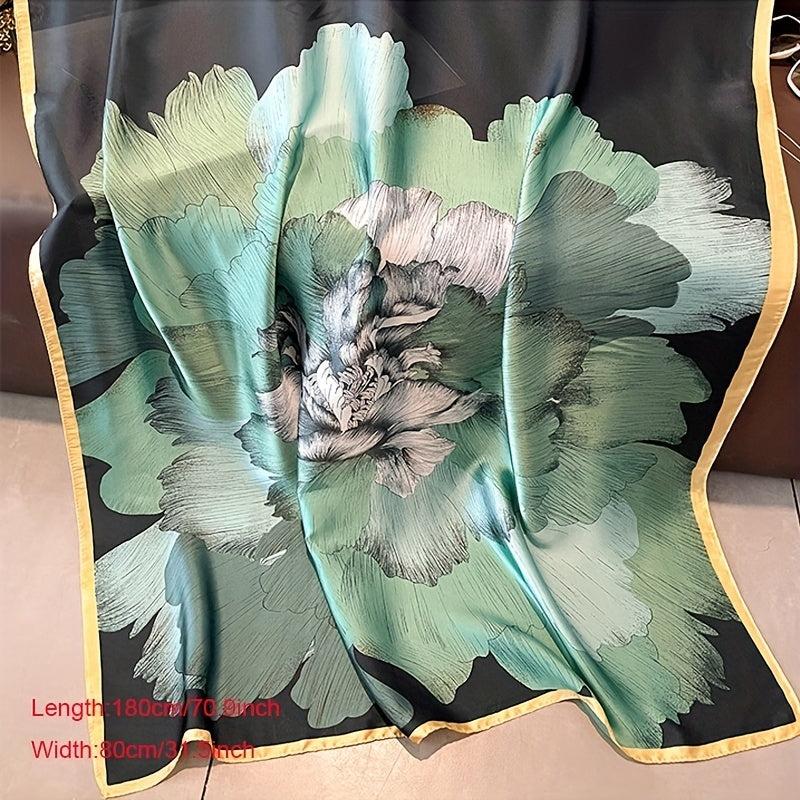 Vintage Green Lotus Print Scarf - Women's Classic Satin Head Wrap