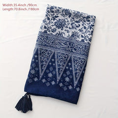 Navy Floral Print Scarf Tassel Shawl Boho Windproof Head Wrap Sunscreen