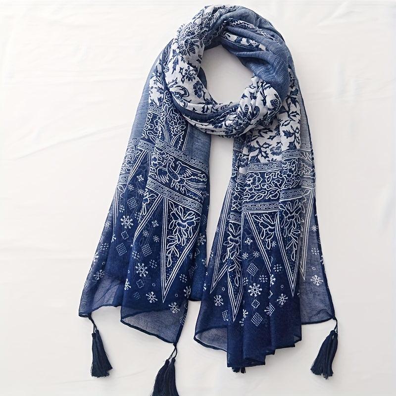 Navy Floral Print Scarf Tassel Shawl Boho Windproof Head Wrap Sunscreen