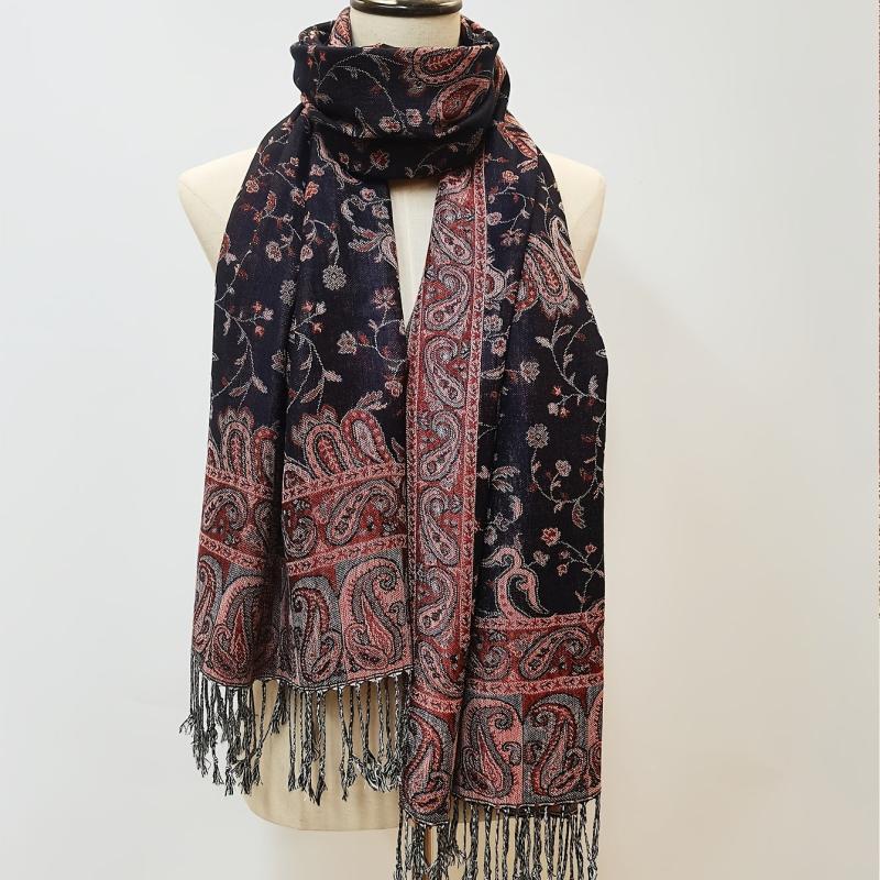Jacquard Tassel Scarf Paisley Print Wine Red Wrap Women's Shawl