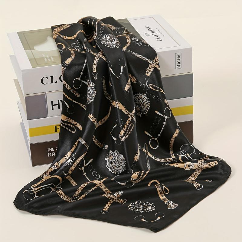 Geometric Chain Print Bandana Square Scarf Satin Neckerchief Women
