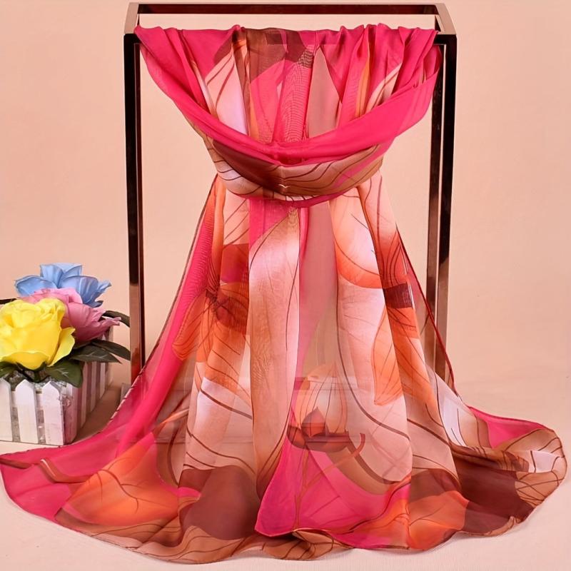Lotus Print Chiffon Scarf Block Boho Sunscreen Shawl Windproof Head Wrap