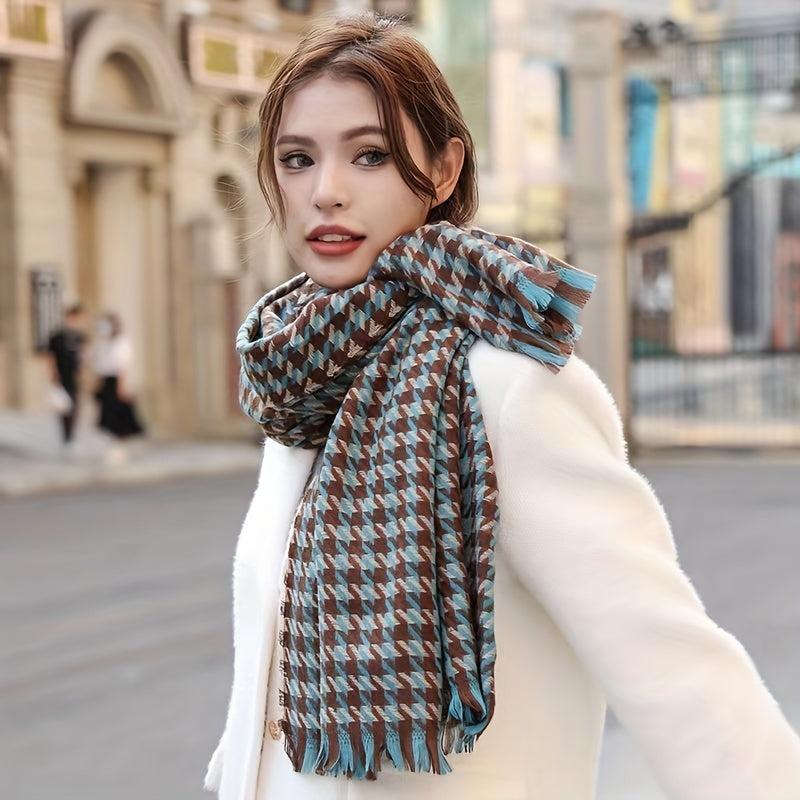 Houndstooth Cashmere Scarf Fringed Neckscarf Shawl