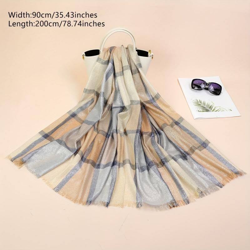 Light Thin Golden Scarf Plaid Large Tassel Shawl Casual Outdoor Inelastic Scarf