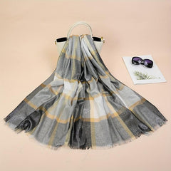 Light Thin Golden Scarf Plaid Large Tassel Shawl Casual Outdoor Inelastic Scarf