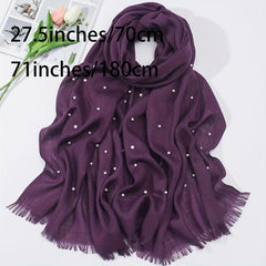 Faux Pearl Decor Raw Trim Scarf Shawl Wrap for Daily Wear Purple