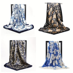 Silk Large Square Scarf Flower Printed Shawl Wrap Soft Comfortable Headscarf