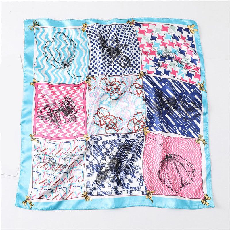 Plaid Print Square Scarf Satin Bandana Neckerchief Women Silk Head Wrap