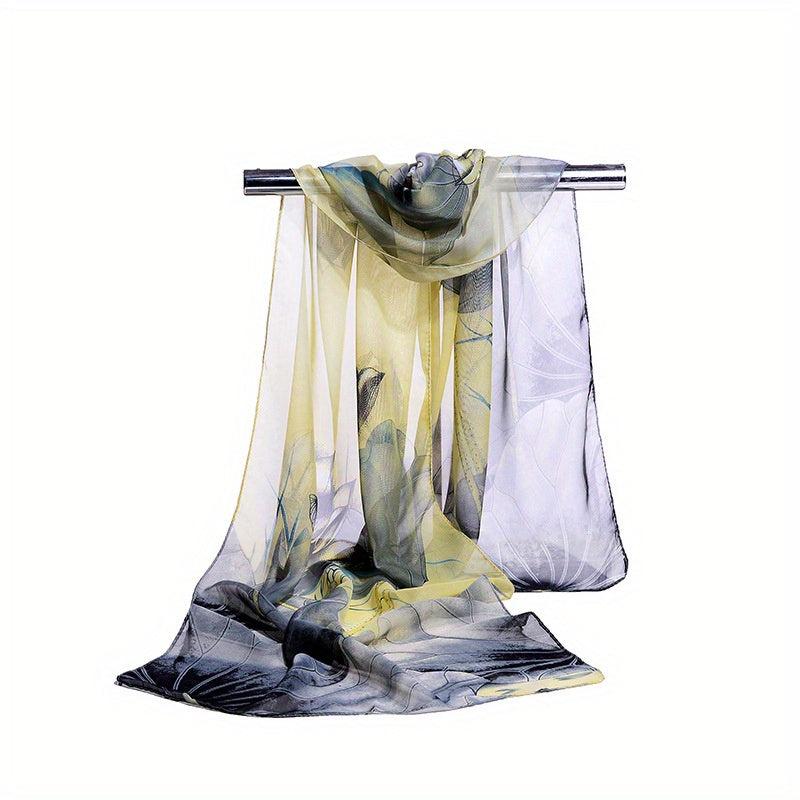 Vintage Lotus Print Thin Scarf Casual Gauze Shawl Head Wrap