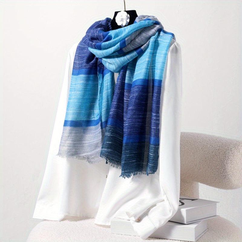 Boho Gradient Plaid Scarf Thin Breathable Headscarf Windproof Fringed Scarf