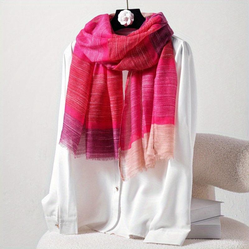 Boho Gradient Plaid Scarf Thin Breathable Headscarf Windproof Fringed Scarf