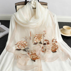 Colorful Flower Embroidery Silk Scarf Windproof Wrap