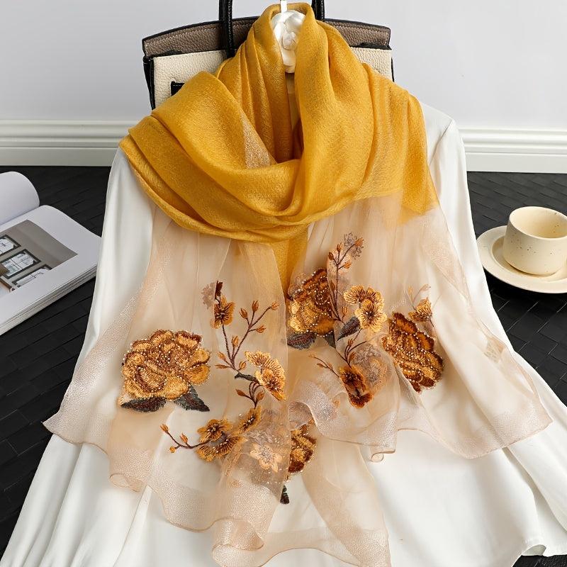 Colorful Flower Embroidery Silk Scarf Windproof Wrap