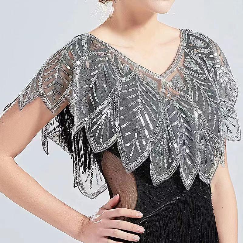 Sequins Leaf Lace Shawl Vintage Beaded Evening Cape Bridal Women Dress