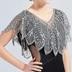 Sequins Leaf Lace Shawl Vintage Beaded Evening Cape Bridal Women Dress