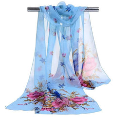 Flower Print Silk Scarf Beach Sunscreen Chiffon Wrap Women Hair Accessory