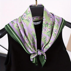 Purple Floral Print Square Scarf Silk Shawl Bandana Satin Neckerchief