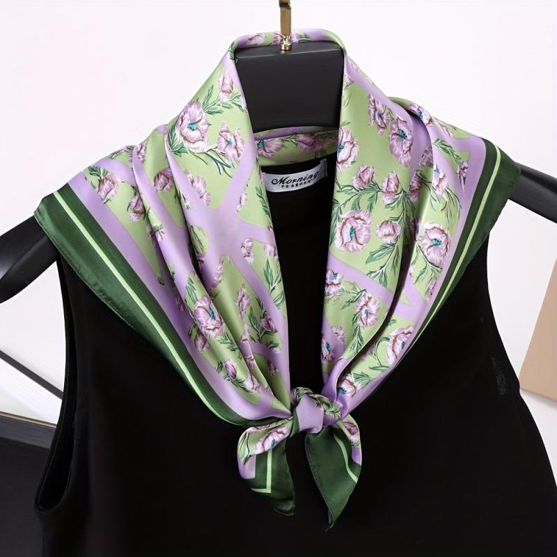 Purple Floral Print Square Scarf Silk Shawl Bandana Satin Neckerchief