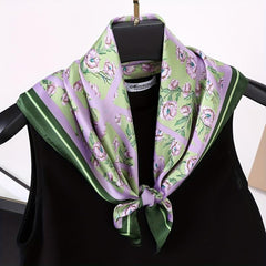 Purple Floral Print Square Scarf Silk Shawl Bandana Satin Neckerchief