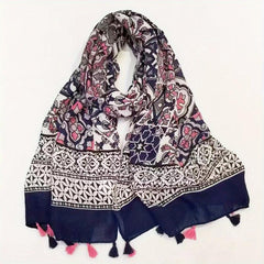 Boho Tassel Scarf Vintage Flower Print Shawl
