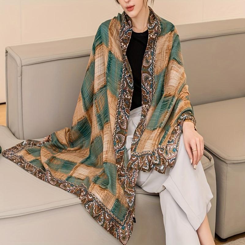Vintage Plaid Print Scarf Large Shawl Boho Paisley Print Cape