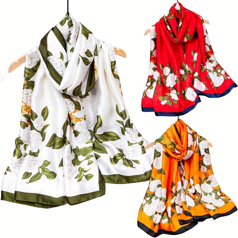 Rose Print Satin Scarf Shawl for Windproof Style