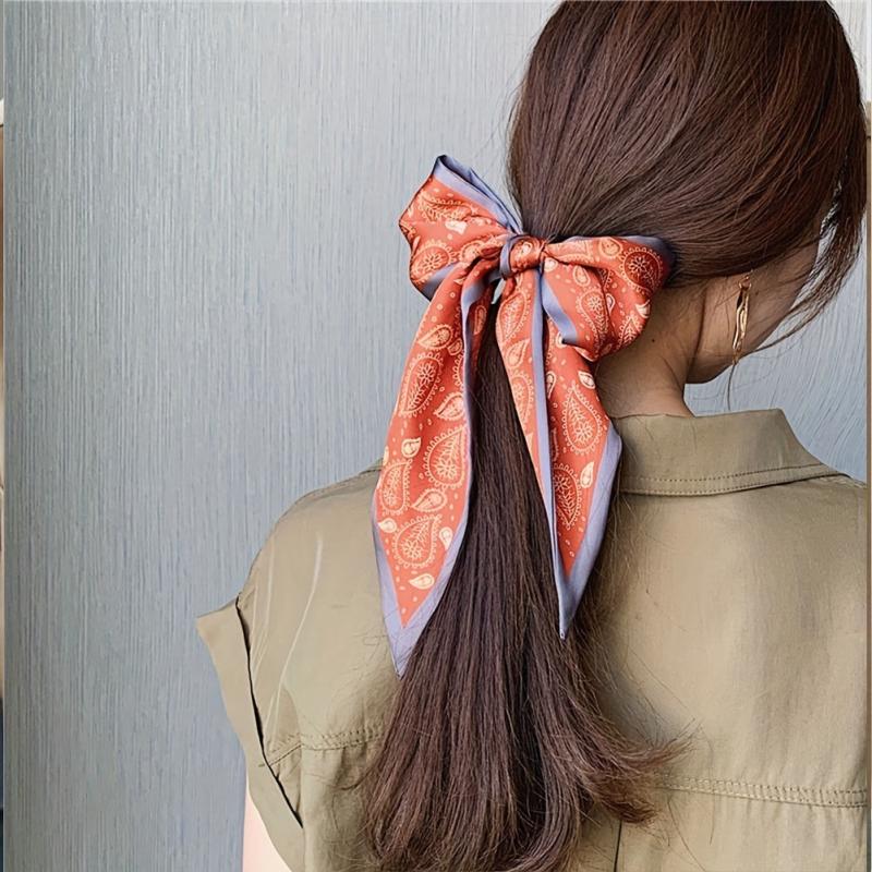 Red Paisley Print Skinny Scarf Silk Hair Ribbon Satin Neckerchief