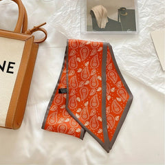 Red Paisley Print Skinny Scarf Silk Hair Ribbon Satin Neckerchief