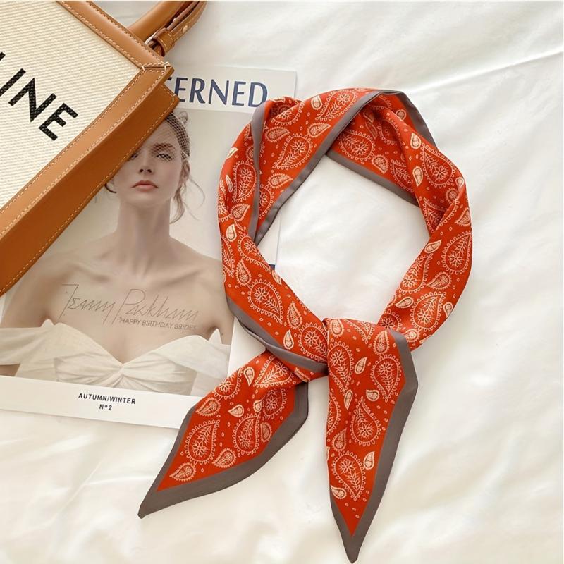 Red Paisley Print Skinny Scarf Silk Hair Ribbon Satin Neckerchief