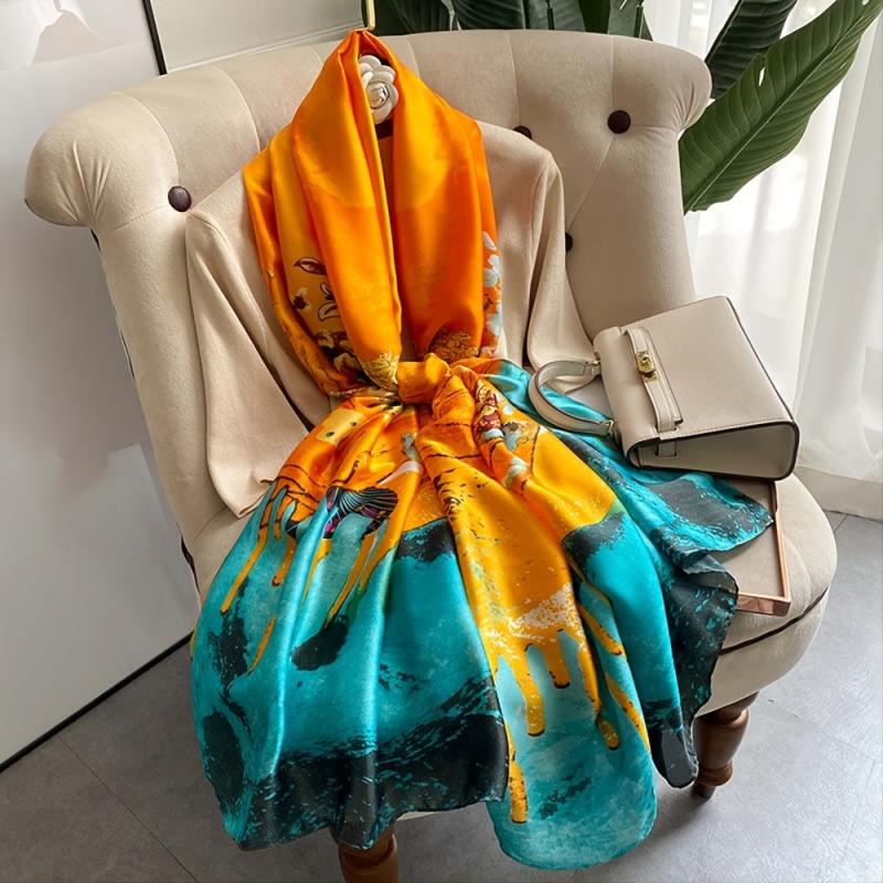 Peacock Floral Silk Satin Large Scarf