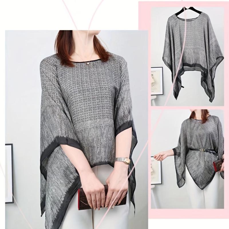 Gray Printed Large Shawl Silk Loose Pullover Shawl Windproof Sunscreen Cape