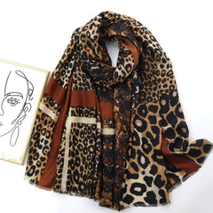 Leopard Pattern Thin Scarf Shawl Vintage Raw Edge Scarf Casual Wrap
