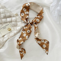 Floral Print Skinny Scarf Silk Hair Ribbon Boho Satin Neckerchief