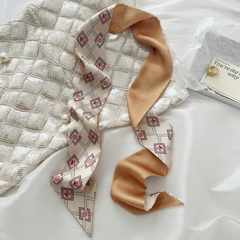Floral Print Skinny Scarf Silk Hair Ribbon Boho Satin Neckerchief