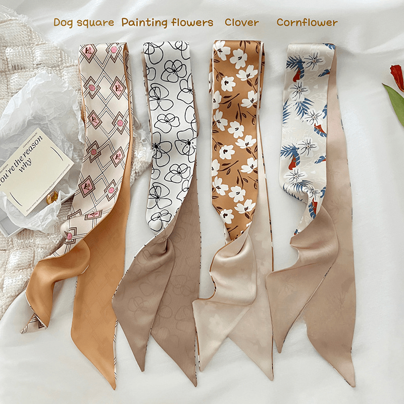Floral Print Skinny Scarf Silk Hair Ribbon Boho Satin Neckerchief