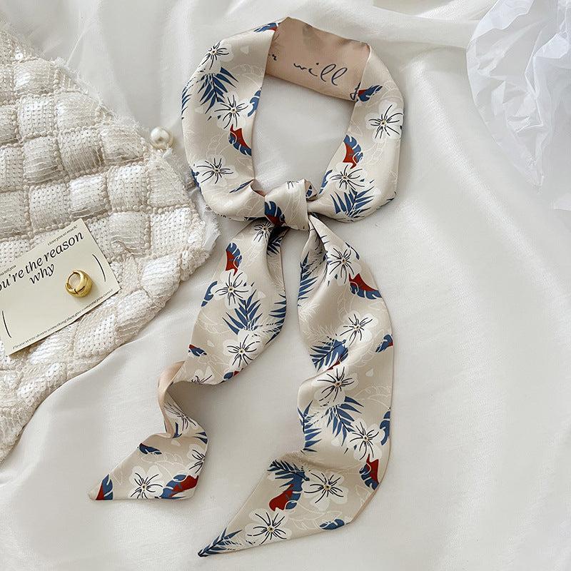 Floral Print Skinny Scarf Silk Hair Ribbon Boho Satin Neckerchief