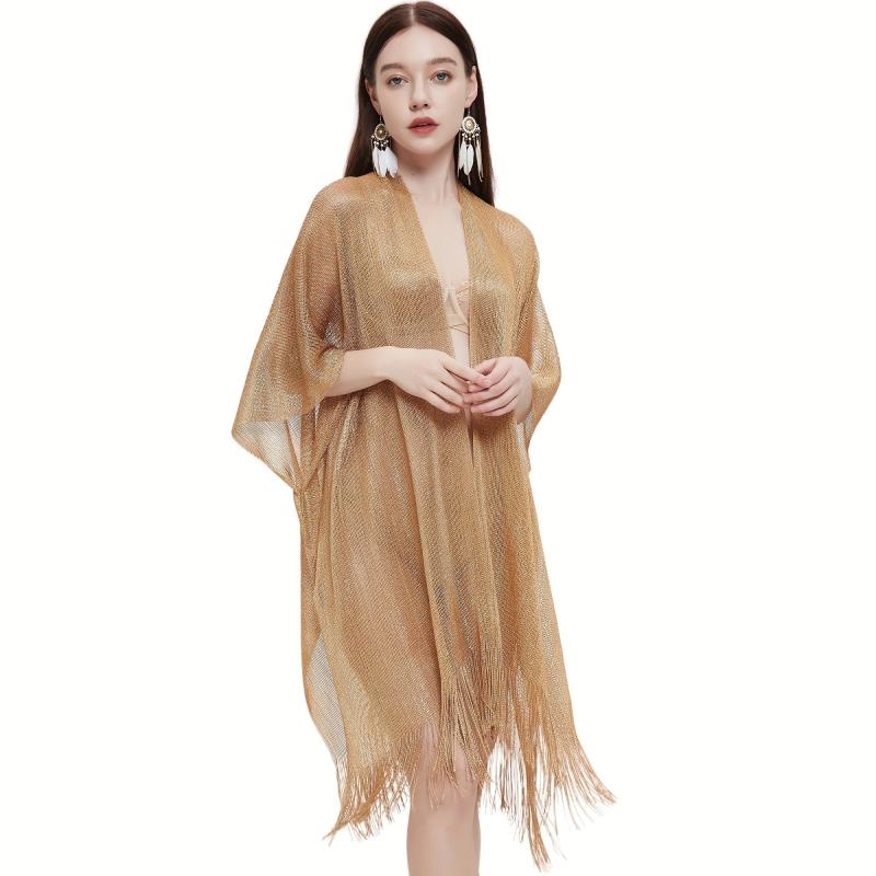 Solid Tassel Shawl Bikini Cover Up Women Sunscreen Cape Cardigan