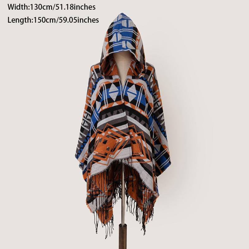 Vintage Geometric Plaid Shawl Scarf Blanket Wrap Dual Purpose Hooded Cloak
